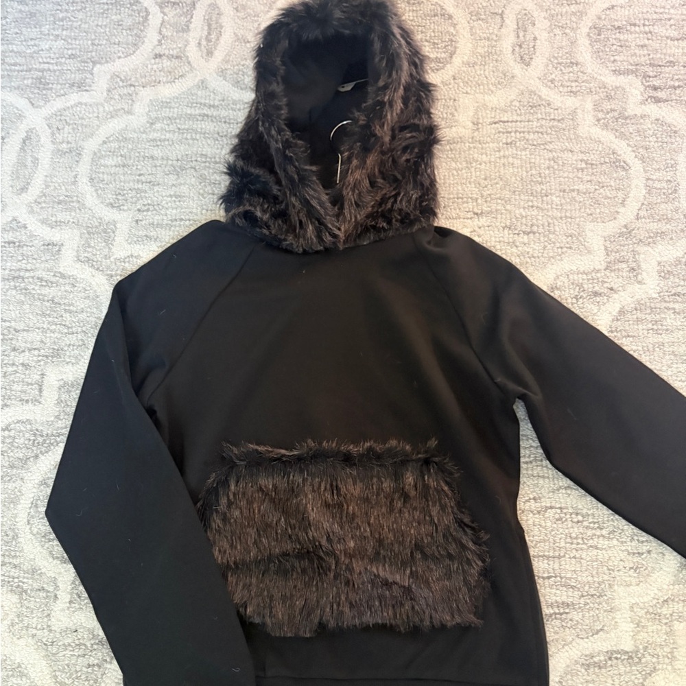 RIFLESSI WOMENS HOODIE BLACK With Brown Fur  - Size Small NEW With Tags